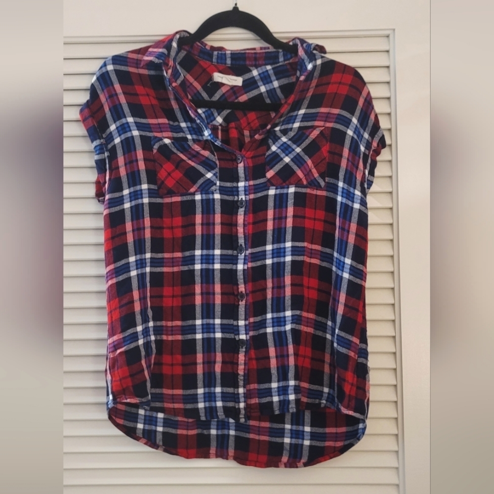 Beachlunchlounge - Red/Black/Blue/White Plaid Short-Sleeve Button Shirt